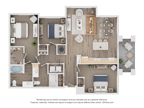 Floor plan for 3 beds, 2 baths, 1231 sqft